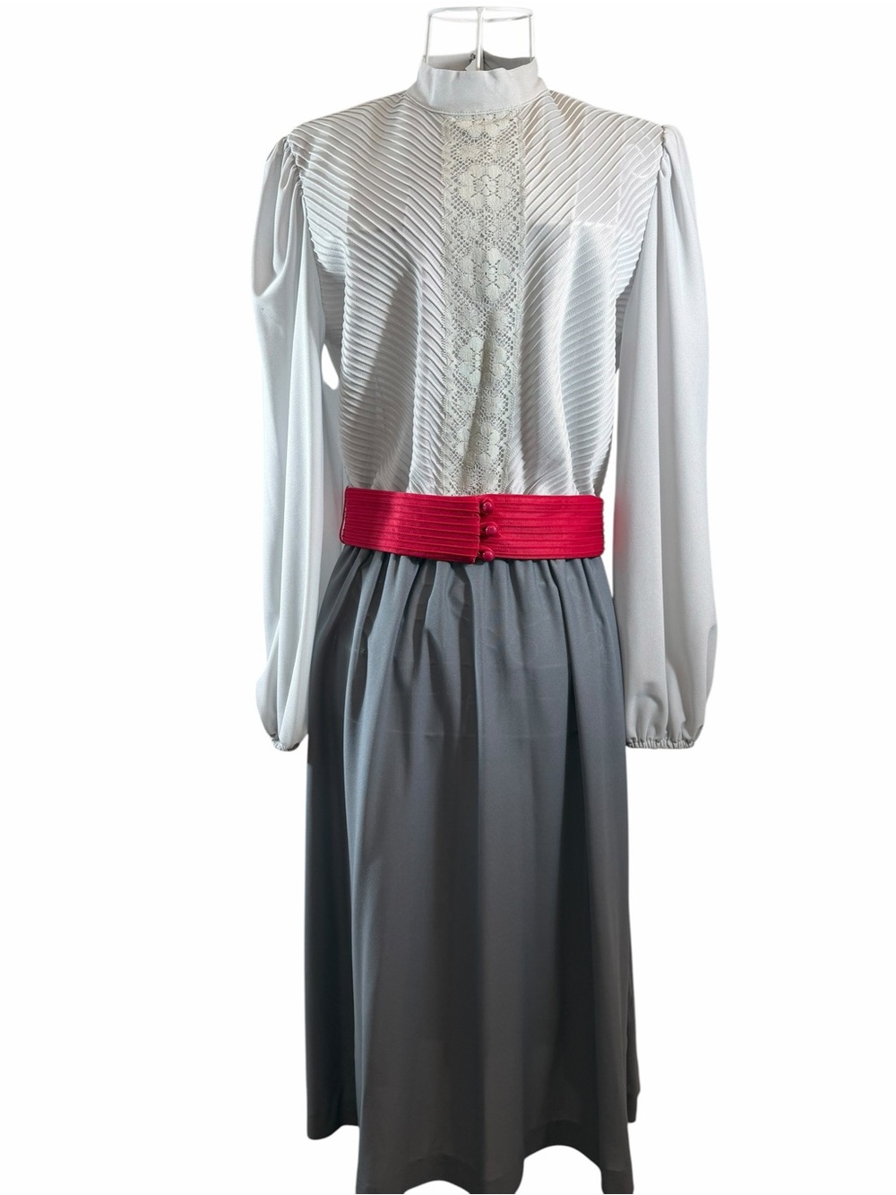 VTG 70s/80's Jennifer Gee Lace Bodice Midi Dress Gray Pink Sash Union Made Sz 10